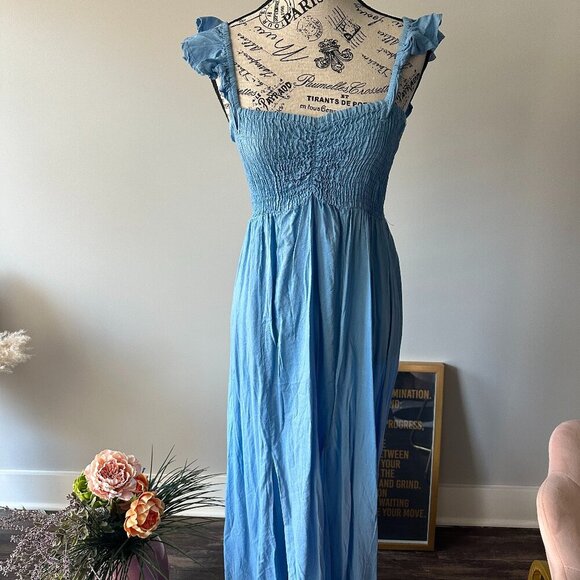 Blue Smocked Off-Shoulder Maxi Dress with Ruffle Straps – Size S - Picture 1 of 4